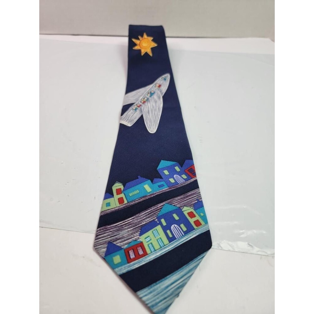 Save the Children Mens Silk Tie Navy Blue Airplane Houses Art Sam Age 10